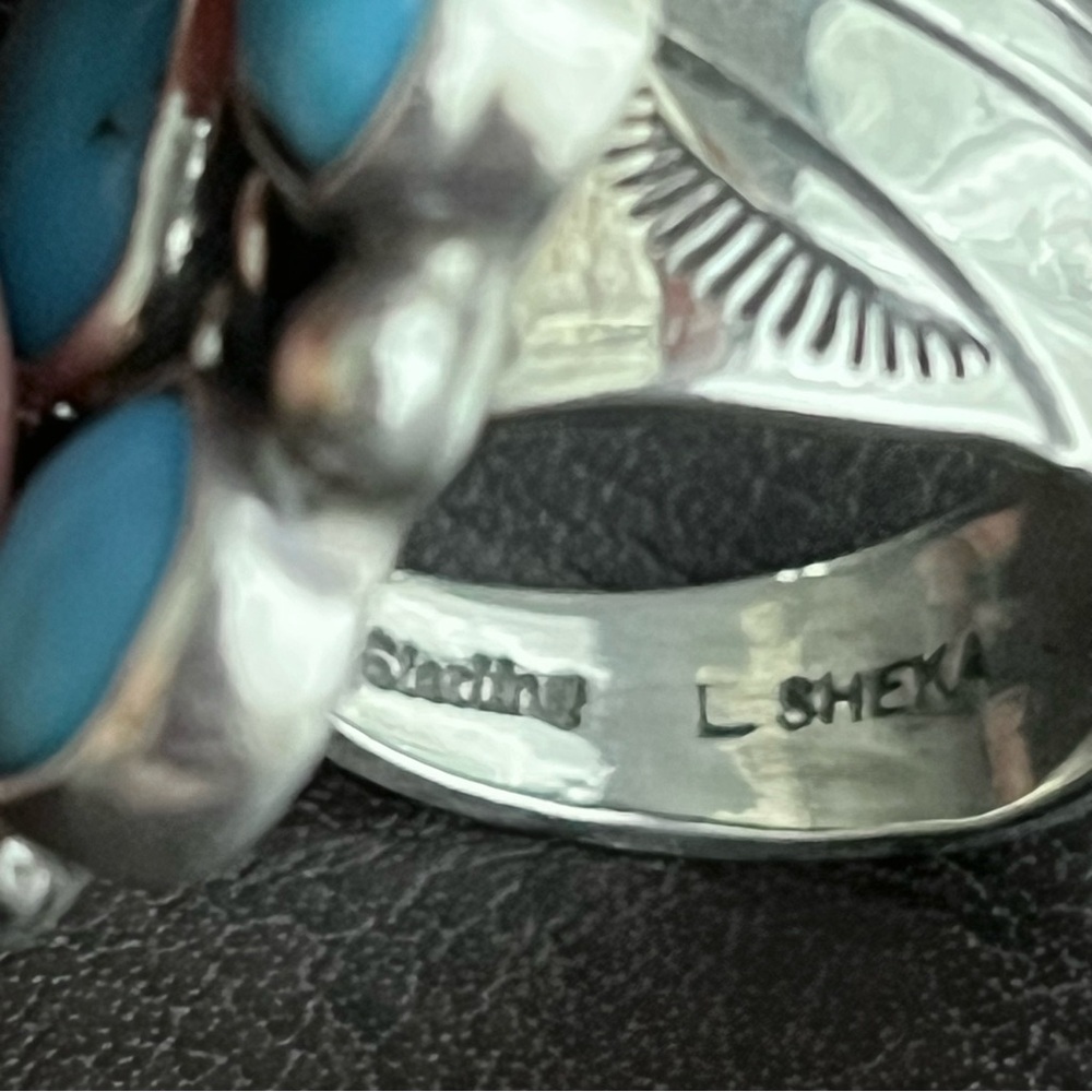 Vintage signed Zuni large Turquoise and sterling silver cluster ring - Picture 12 of 14